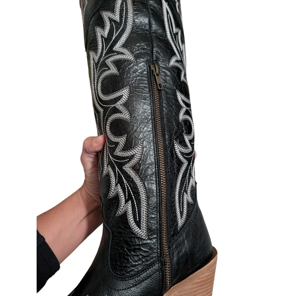 Buck & Brana Julia Black Leather Over The Knee Western Embroidered Boots 8.5 NEW
